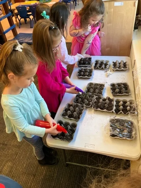 Preschoolers spoon soil into egg-carton seed starters at a long table